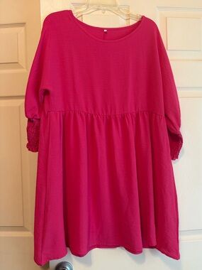 Smocked Sleeve Tiered Dress - Hot Pink - Large